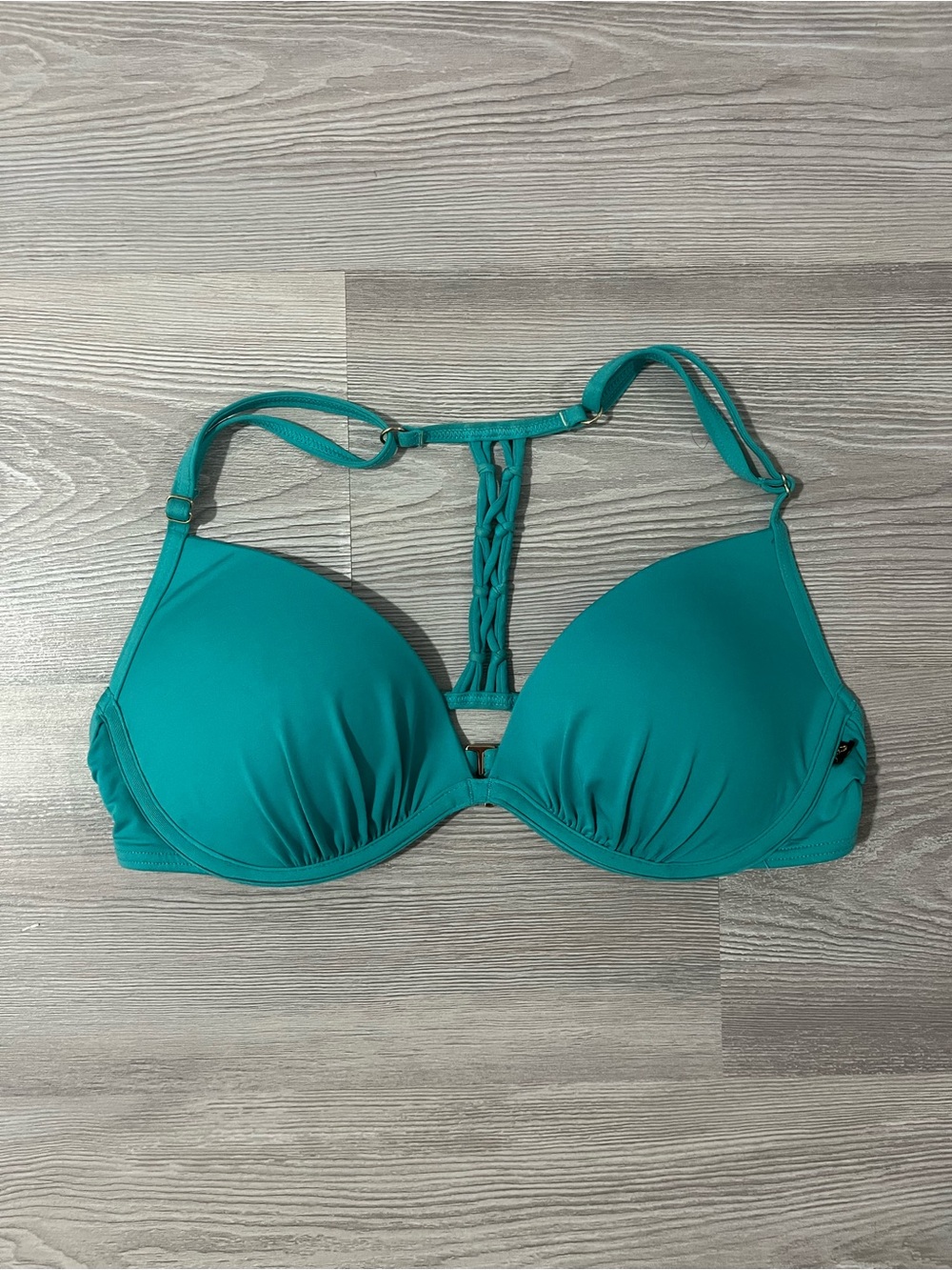 La Vie En Rose Aqua Turquoise T Strap Crochet Back Bikini Top size Medium